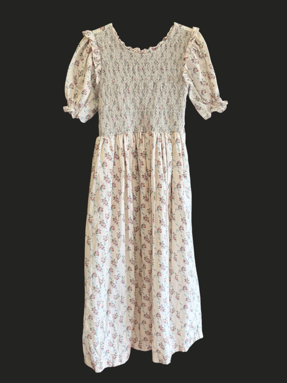 DONDOLO Smocked Rose Peasant Linen & Cotton Maxi Dress Cottagecore M